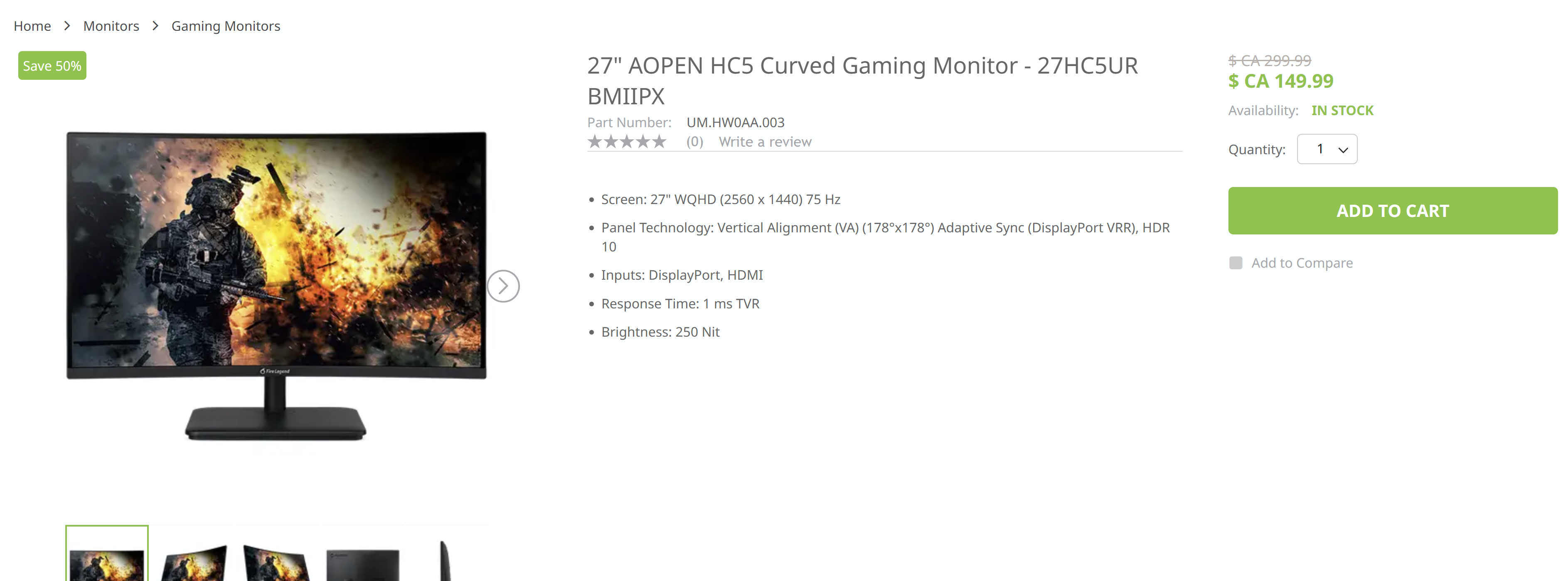 27" AOPEN HC5 Curved Gaming Monitor - 27HC5UR BMIIPX