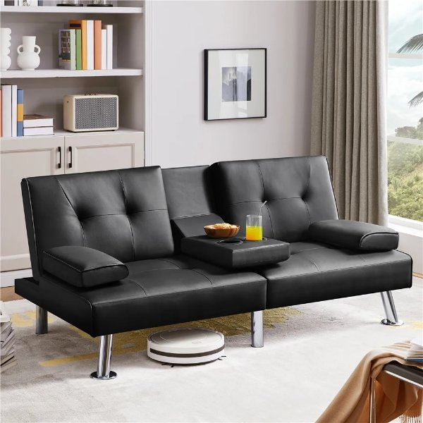 Modern Faux Leather Futon Sofa Bed Convertible Folding Couch with Cup Holders,Black