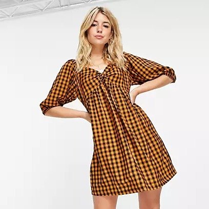 mini smock dress with puff sleeves in contrast gingham