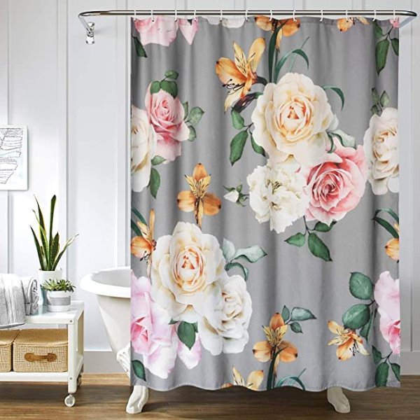 Uphome Floral Stall Shower Curtain Grey and Cream Shabby Chic Rose Flower Cloth Shower Curtain Thick Pastel Spring Penny Bathroom Curtains for Shower with Hooks Set, 36 x 72