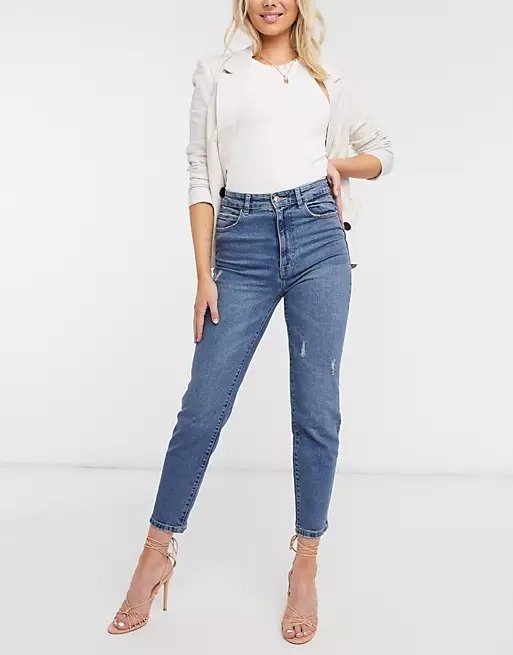 cotton slim mom jeans with stretch in medium blue - MBLUE