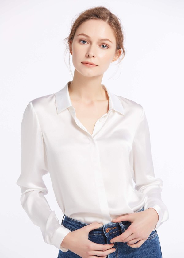 Basic Concealed Placket Silk Shirt White