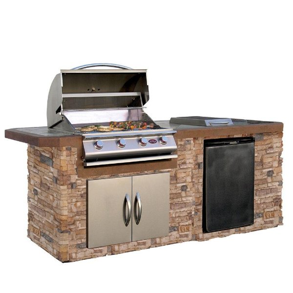 7 ft. Cultured Stone Grill Island with Tile Top and 4-Burner Gas Grill in Stainless Steel