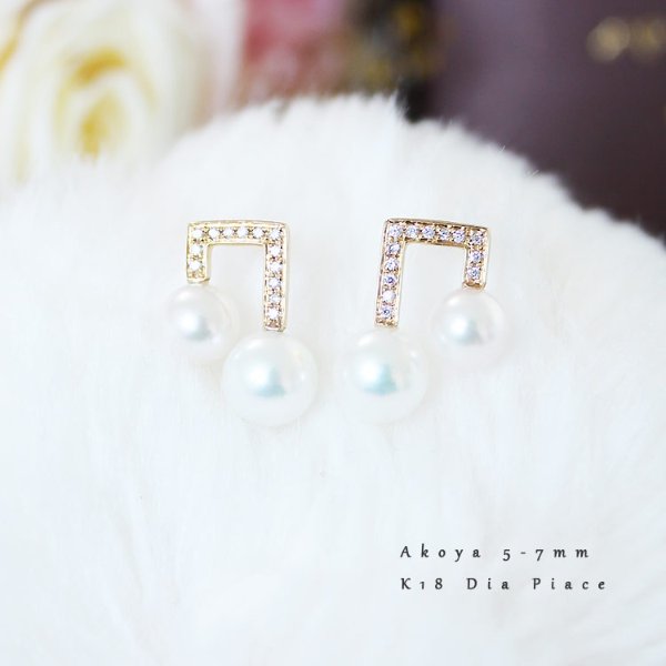 K18 Akoya pearl L-form DIA pierced earrings diamond akoya L-form piace D0.08ct 26pcs