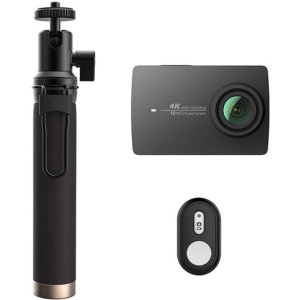 YI 4K Action and Sports Camera Selfie Stick Bundle, 4K/30fps Video 12MP Raw Image with EIS, Live Stream, Voice Control - Black