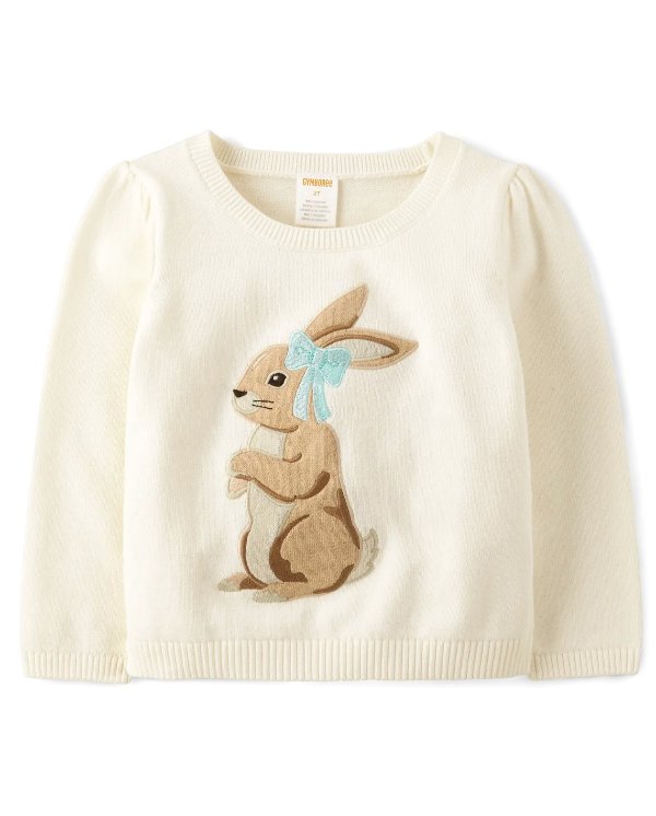 Girls Embroidered Bunny Sweater - Signs of Spring - white daisy