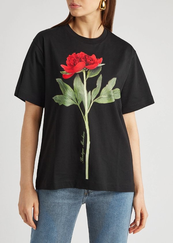 Black rose-print cotton T-shirt