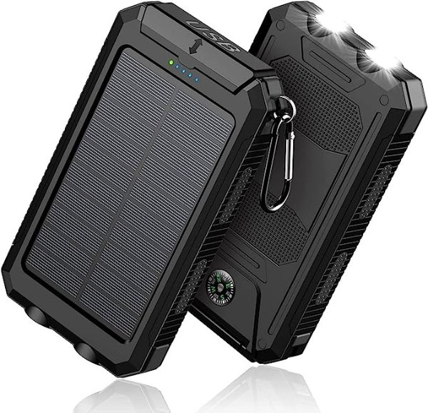 Solar-Charger-Power-Bank - 36800mAh Portable Charger,QC3.0 Fast Charger Dual USB Port Built-in Led Flashlight and Compass for All Cell Phone and Electronic Devices(Deep Black)