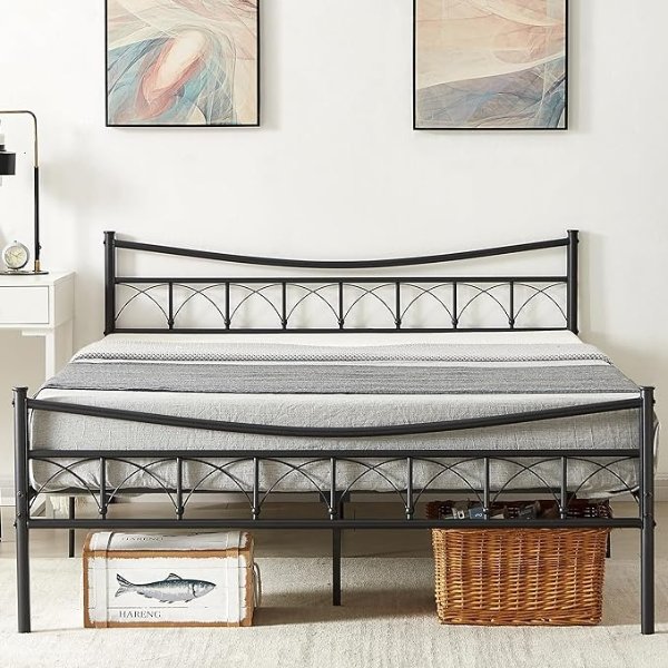 Queen Size Bed Frames, Heavy Duty Metal Bedframe with Vintage Headboard and Footboard, Mattress Foundation/No Box Spring Needed/No Noise/Easy Set Up, Black