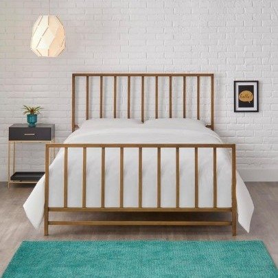 Zandria Brushed Gold Metal Queen Bed with Slats (63.19 in W. X 48.03 in H.)