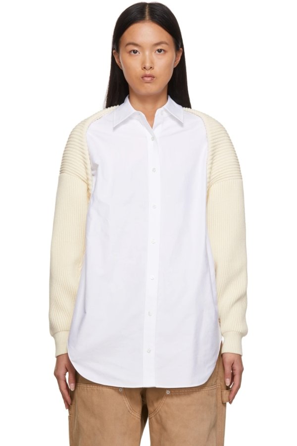 白色 & 驼色叠层牛津纺衬衫 & 针织耸肩毛衣