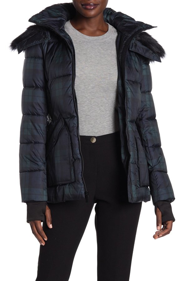 Plaid Faux Fur Trimmed Quilted Jacket