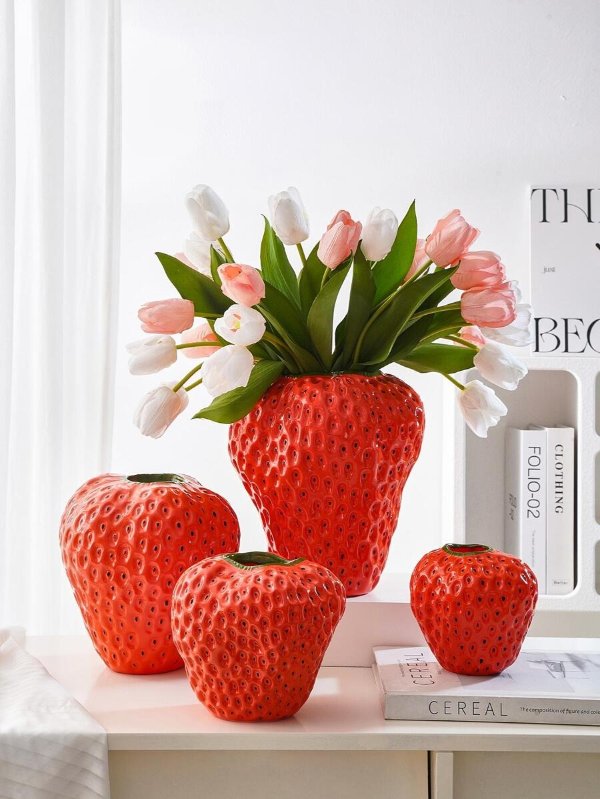 1pc Strawberry Design Flower Vase, Red ABS Cute Decorative Vase For Home Decor
