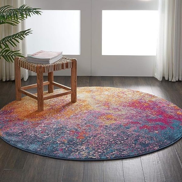 Passion Sunburst 5'3" x Round Area -Rug, Modern, Abstract, Easy -Cleaning, Non Shedding, Bed Room, Living Room, Dining Room, Kitchen, (5' Round)