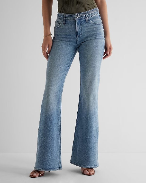 Mid Rise Medium Wash Belted '70s Flare Jeans