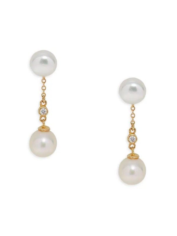 14K Yellow Gold, 7-8MM Cultured Freshwater Pearl & Diamond Dangle Earrings