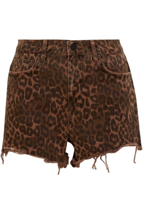 Distressed leopard-print denim shorts