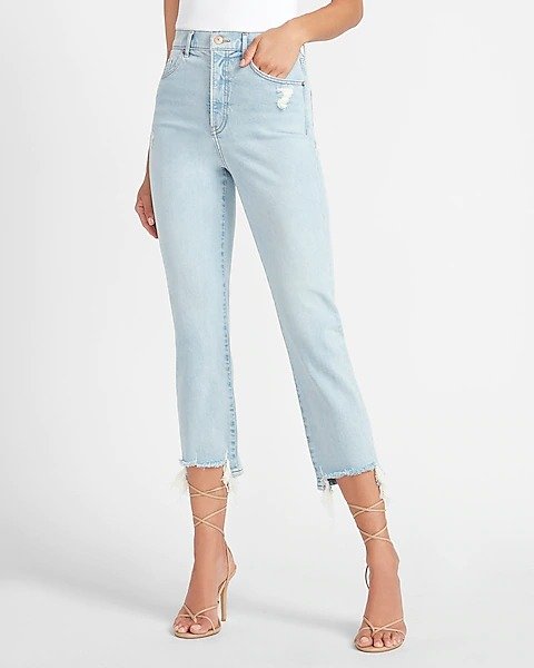 Super High Waisted Ripped Raw Step Hem Straight Jeans
