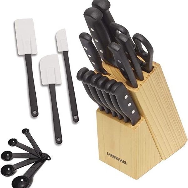 Farberware 22-Piece Never Needs Sharpening Triple Rivet High-Carbon Stainless Steel Knife Block and Kitchen Tool Set