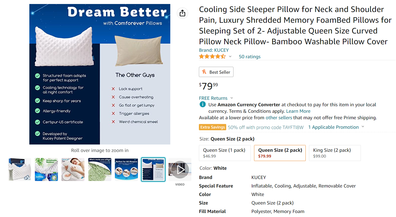 50% OFF 双支凉感枕头queen ， 侧睡曲线枕头，可调节高度，可拆洗拉链枕套，无气味