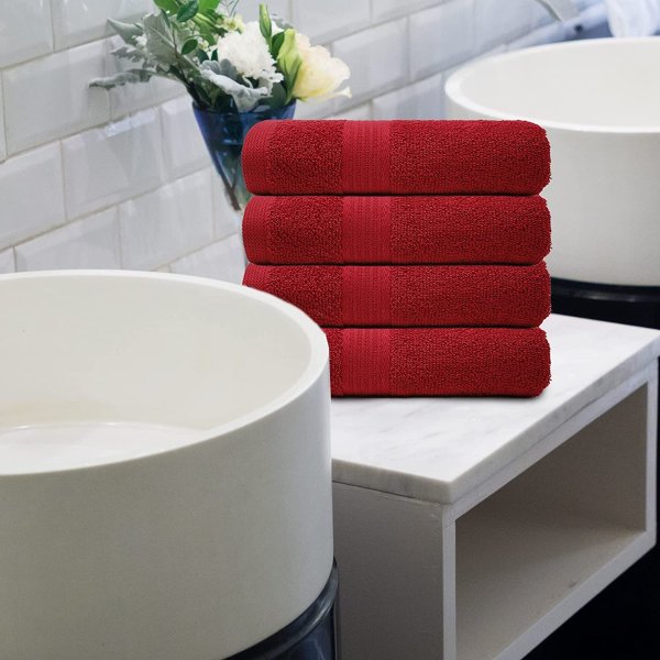 Fresh Hand Towels|4 Piece|100% Cotton|Hand Towels for Bathroom Highly Absorbent|Super Soft Bathroom Hand Towels|Salon Towels (Red)