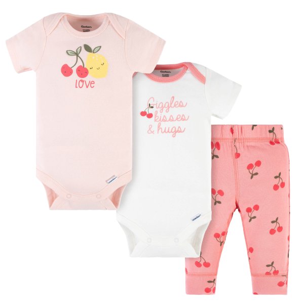 3-Piece Baby Girls Cherry Kisses Short Sleeve Onesies® Bodysuits & Pants Set