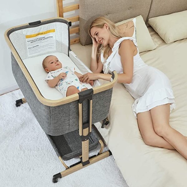 3 in 1 Baby Bassinet, AMKE Bedside Crib with Height Adjustment, Portable & Moveable Bedside Sleeper with Lockable Wheels, Compact Baby Bed for Infant
