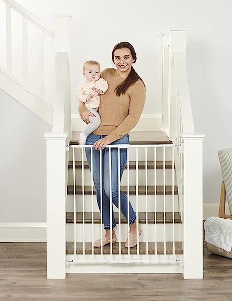 2-in-1 Extra Tall Easy Swing Stairway and Hallway Walk Through Baby Gate, White