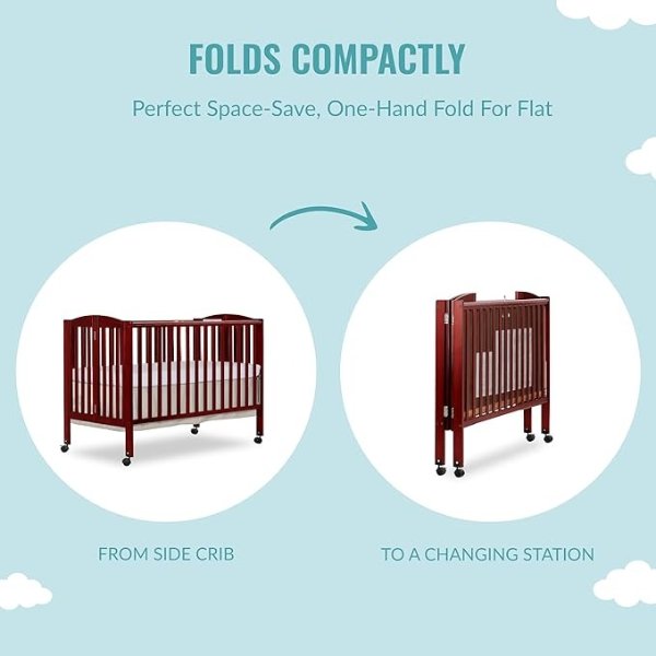 Full Size 2-in-1 Folding Stationary Side Crib in Cherry, Locking Wheels, Folds Flat for Storage, Comes with Teething Guard, Non-Toxic Finish
