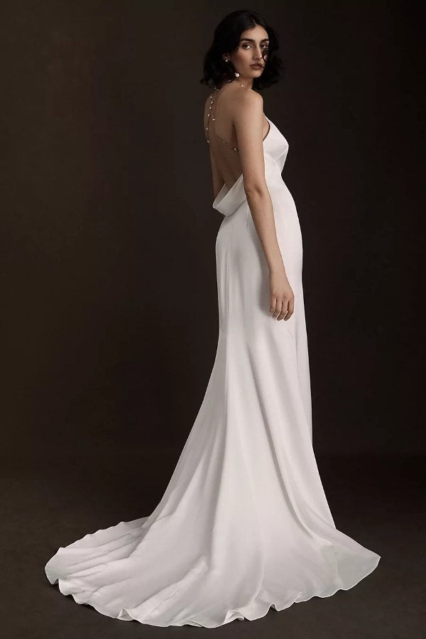 Jenny Yoo Pearl Satin Fit & Flare Halter Wedding Gown