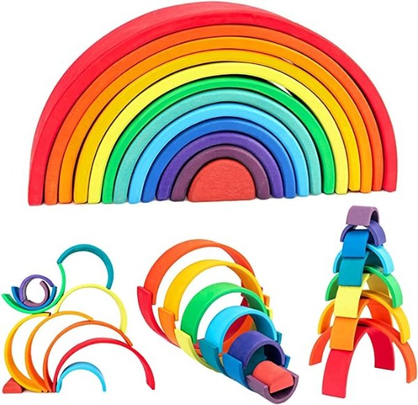 WOOD CITY Rainbow Stacking Toys, 12-Piece Double Natural Wooden Rainbow Stacker, Waldorf & Montessori Toys for Toddlers, Colorful Stacking Blocks Puzzles for Kids 2 3 4 5 Years Old