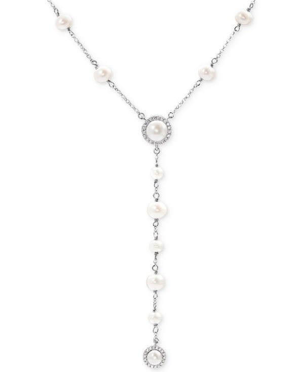 Cultured Freshwater Pearl (4-8mm) and Cubic Zirconia Lariat Necklace in Sterling Silver