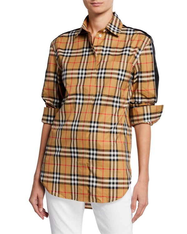 Saoirse Long-Sleeve Satin-Stripe Check Shirt