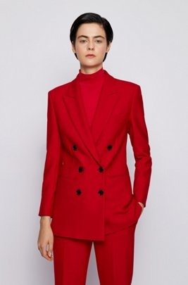 Double-breasted regular-fit long jacket with peak lapels by boss Pointed-toe court shoes in Italian leather by boss Tapered-leg cropped pants in stretch fabric by boss