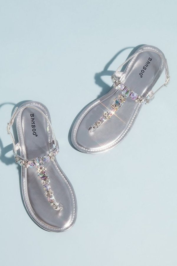 Faceted Crystal Metallic T-Strap Sandals