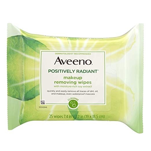 Aveeno Positively Radiant Oil-Free Makeup Removing Wipes to Help Even Skin Tone and Texture with Moisture-Rich Soy Extract, 25 ct.