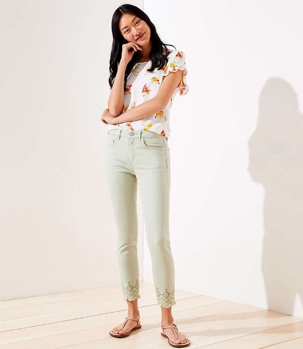 Eyelet Hem Slim Pocket Skinny Crop Jeans in Matcha Latte | LOFT