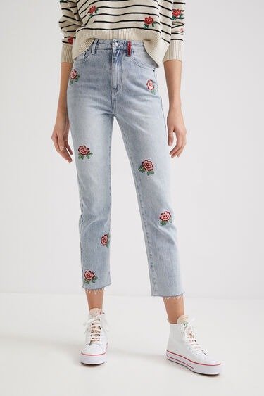 Straight cropped floral jeans