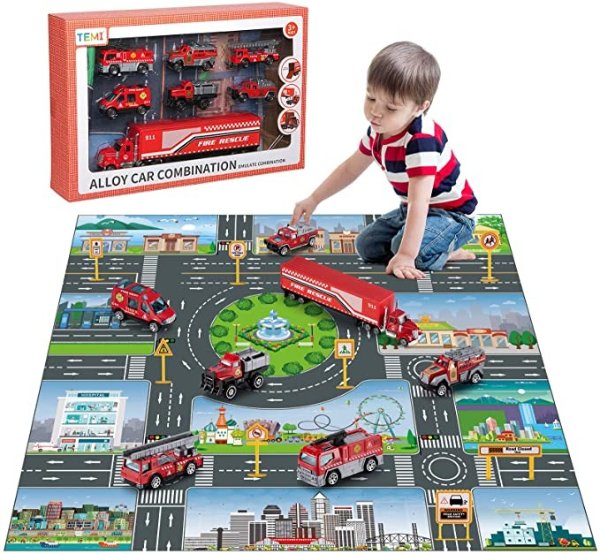 Diecast Emergency Fire Rescue Vehicle Toy Set w/ Play Mat, Truck Carrier, Water Cannon Vehicle, Medical Ambulance, Ladder Truck, Alloy Metal Fire Fighting Car Play Set for Kids, Boys & Girls