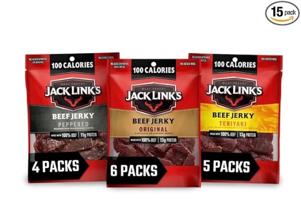 Jack Link’s Beef Jerky Variety Pack, 15 (1.25 oz Bags) – Variety Pack Includes Original, Teriyaki and Peppered Beef Jerky, Great for Lunch Boxes, Good Source of Protein – 96% Fat Free, No Added MSG