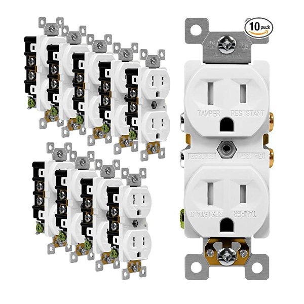 Duplex Receptacle Outlet, Tamper-Resistant Electrical Wall Outlets, Residential Grade, 3-Wire, Self-Grounding, 2-Pole,15A 125V, UL Listed, 61580-TR-W-10PCS, White (10 Pack)
