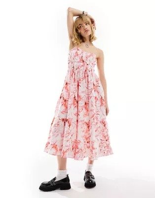 COLLUSION floral print tiered cami midi summer dress in pink