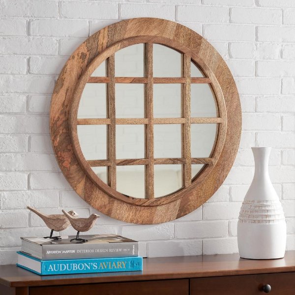 Medium Round Brown Windowpane Natural Wood Finish Classic Accent Mirror (28 in. Diameter)