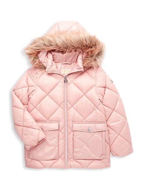 Girl's Quilted Faux Fur-Trim Jacket