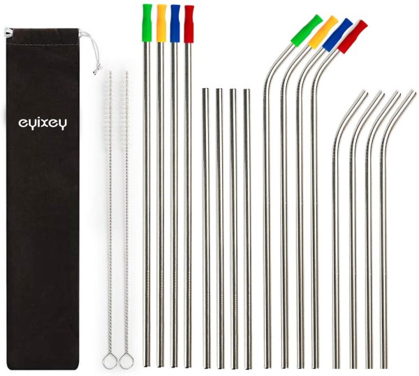 Eyixey 16pcs Silver Premium Reusable Straws
