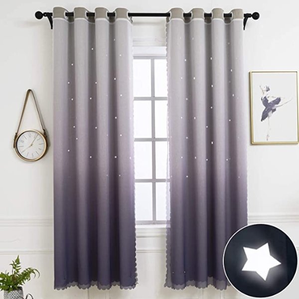 Hughapy Star Curtains Ombre Blackout Curtains for Kids Girls Bedroom Living Room Double Layer Star Cut Out Sparkle Blackout Gradient Window Curtains, 1 Panel -(52W x 108L, Grey)