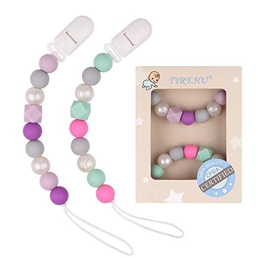 Pacifier Clip Baby Girls Binky Holder Soothie Paci Clip BPA Free Silicone Bead Teething Relief Teether Toy Baby Birthday Christmas Shower Gift Set of 2 (Purple, Green)