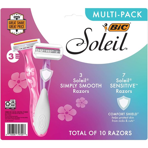 BIC Soleil Simply Smooth Women's Disposable Razors, 3 Blades With Moisture Strip For a Silky Smooth Shave, 10-Count