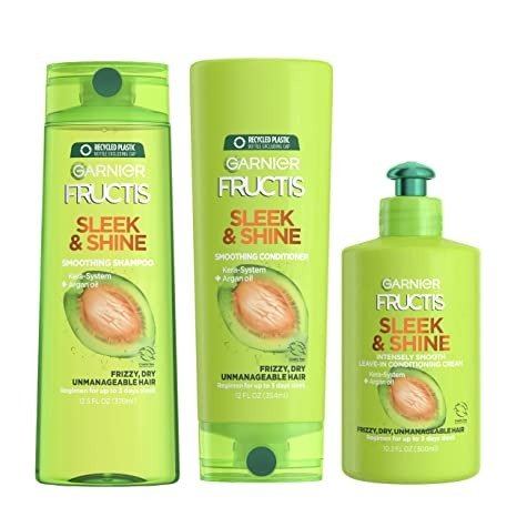 Fructis Sleek and Shine Shampoo, Condition + Leave-In Conditioning Cream Kit, (Personal Size SandC)