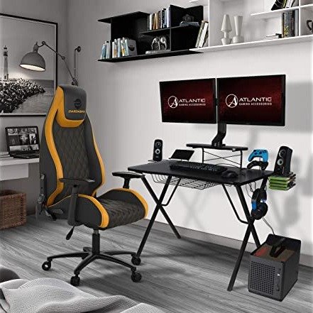 Gaming Original Gaming-Desk Pro w/ Carbon-Fiber Laminated Desktop, Heavy-Duty X-Legs, Detachable Monitor Platform, Tablet/Cell Phone Holder, Speaker Stands, & Console Controller Rack